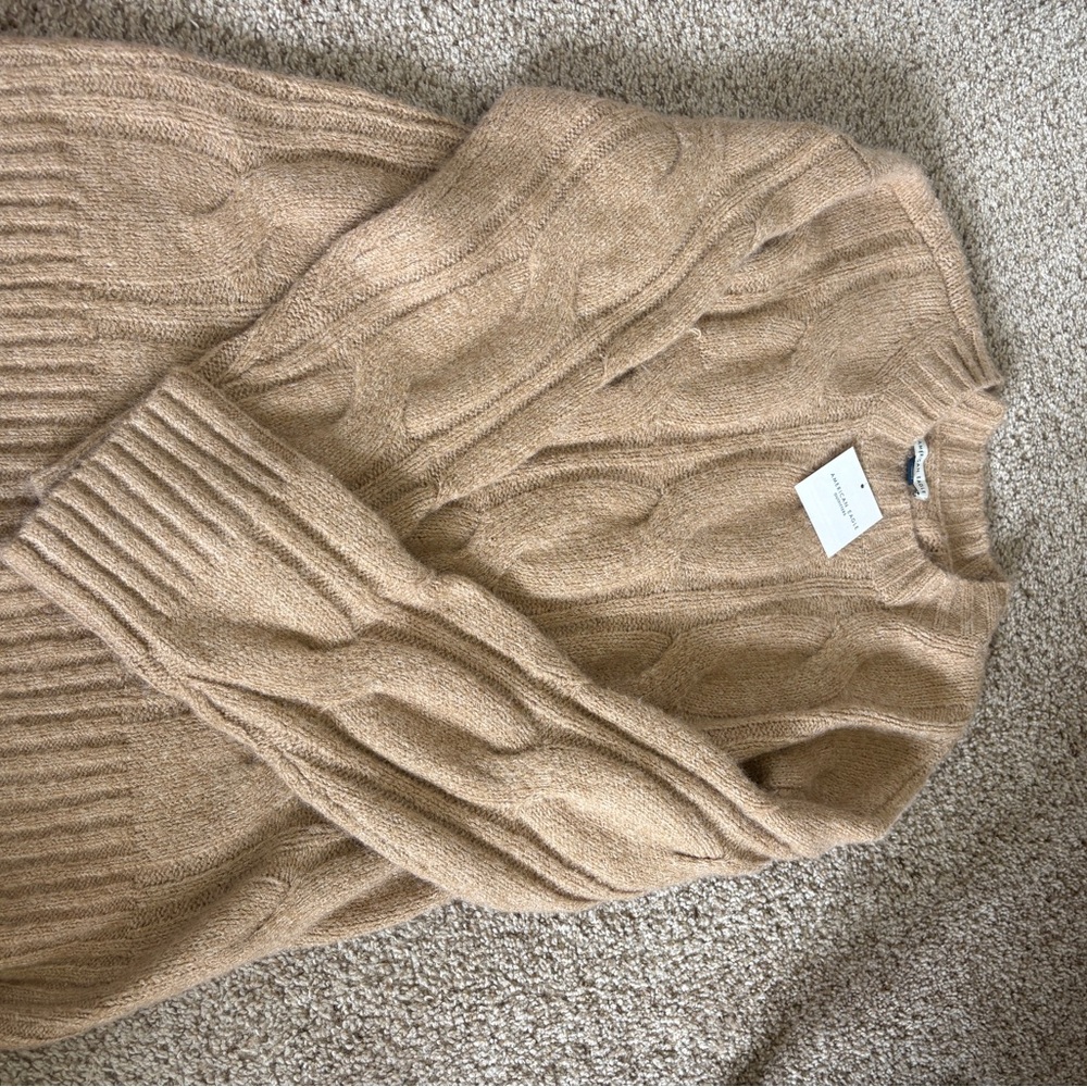 American Eagle Outfitters Tan Crew Neck Sweater Cable Knit